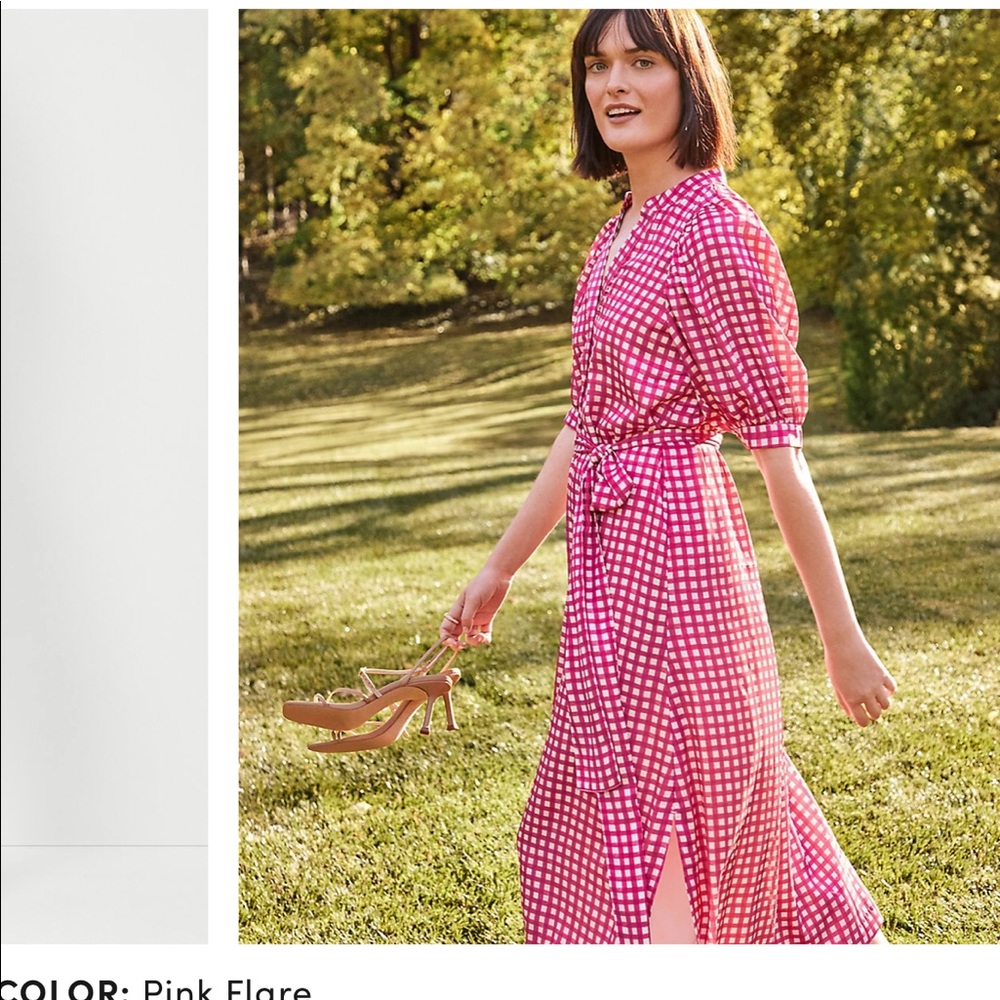 Ann Taylor Gingham Belted Midi Shirtdress Pink Size XSmall